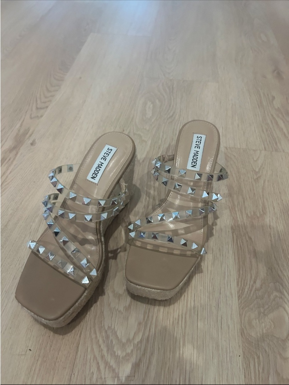 Steve Madden Nude Clear-Strap Studded Slide Heels